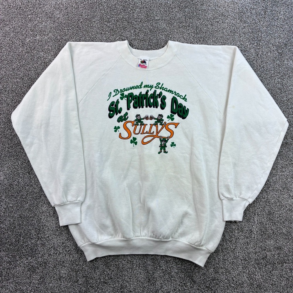 Vintage St Patricks Day Sweatshirt Mens XL White Beer Crewneck Lucky Clover